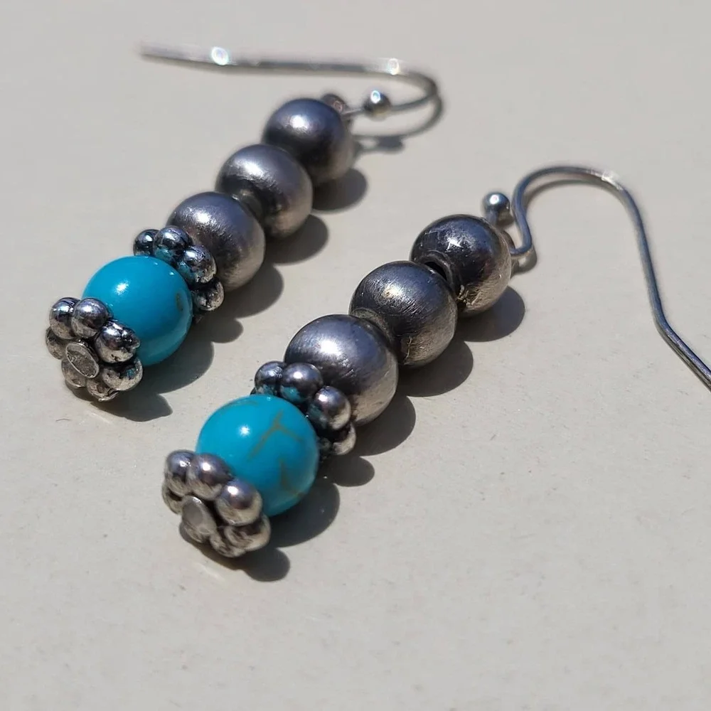 Vintage Sterling Silver Turquoise Dangle Earrings Blue Bead Southwestern Boho